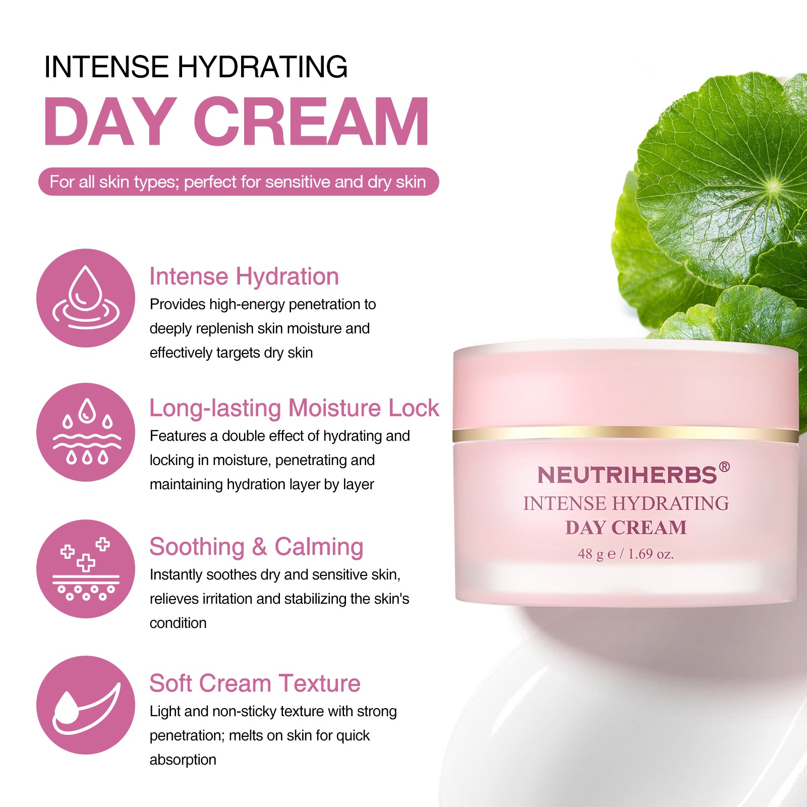 Intense Hydration; Long-lasting Moisture Lock; Soothing & Calming